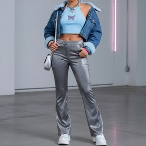 Vintage Y2K Dalmys Silver Metallic Pants Party Futurism Bootcut Flare Festival